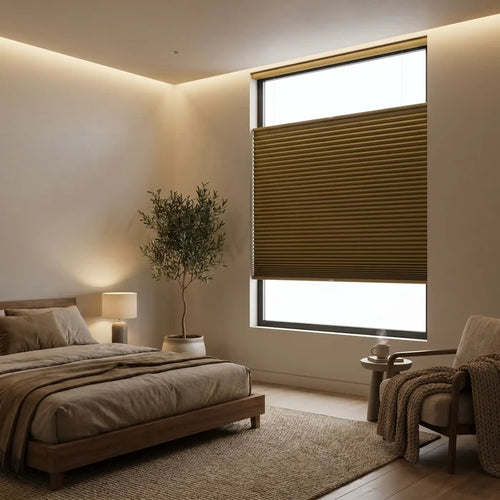 Warm Brown 1 2 Inch Budget Single Cell Blackout Cordless Top Downbottom Up Shades installed in a modern bedroom, keeping the room dark while offering dynamic lighting options.