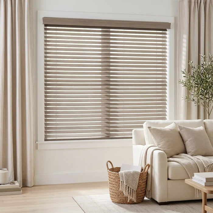 This Hardwood Cordless Horizontal Blind in Beige effortlessly filters sunlight, showcasing the room's natural charm while maintaining a sense of serenity and warmth.