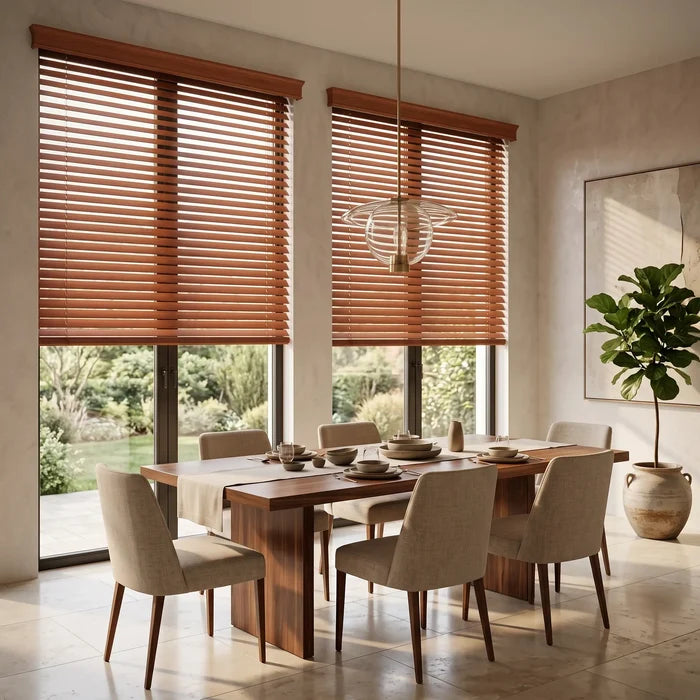 Brown Hardwood Cordless Horizontal Blinds effortlessly filter natural light, allowing a serene ambiance to settle in this peaceful garden-facing room