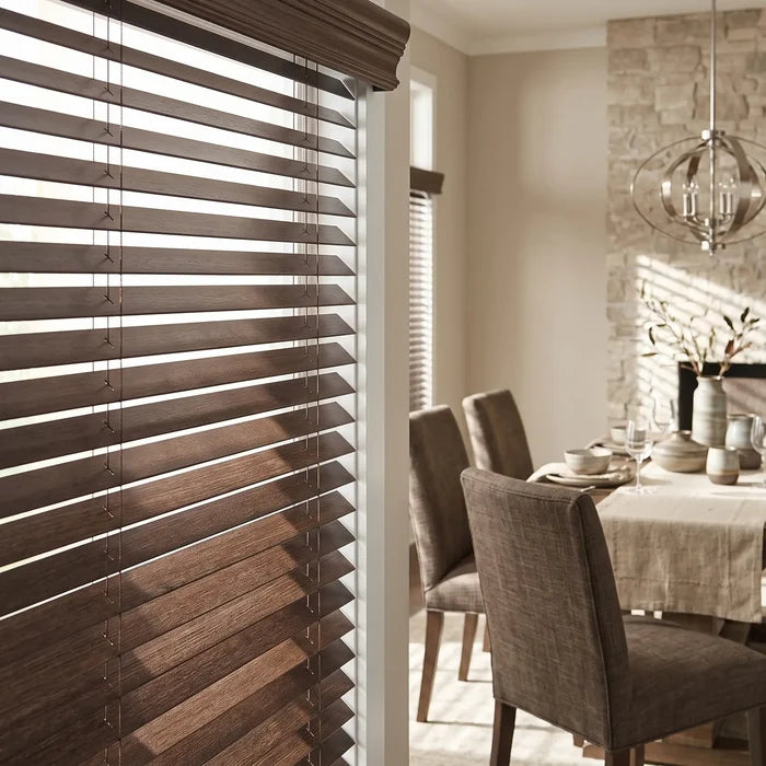 Brown wooden Hardwood Cordless Horizontal Blinds perfectly complement the room's warm ambiance, harmonizing with chairs and dining table for a welcoming gathering space