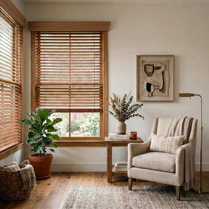 Wooden Hardwood Cordless Horizontal Blinds effortlessly filter soft beige tones, inviting natural light into this serene room featuring a plush chair and vibrant artwork.