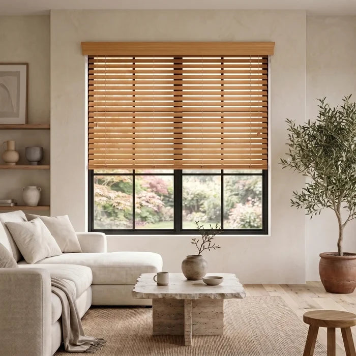 Natural light pours in through the brown hardwood cordless horizontal blinds, perfectly complementing the warm tones of this inviting living room featuring a plush sectional sofa and rich wooden coffee table.