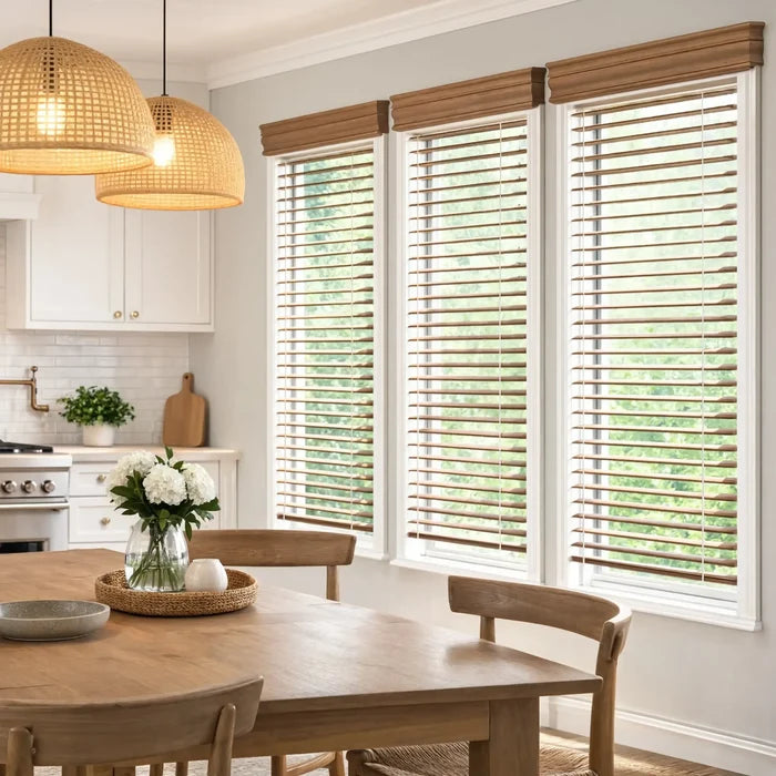 Soft Warm Brown Hardwood Cordless Horizontal Blinds subtly frame the dining area's white walls and wooden flooring, inviting a sense of warmth and comfort.