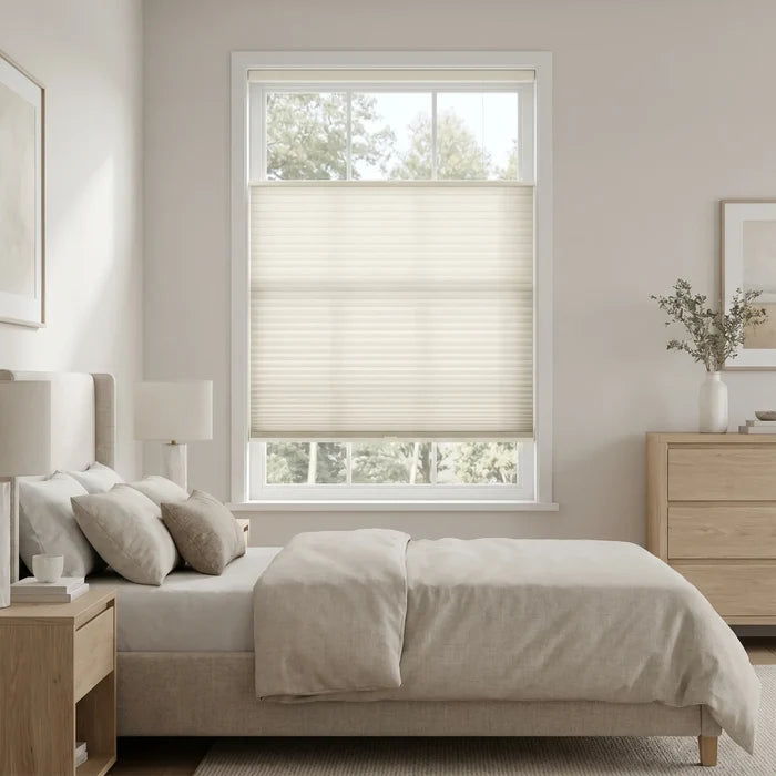 Elegant Creamy White 3 8 Budget Single Cell Light Filtering Top Downbottom Up Shades complementing a serene bedroom, softening incoming light with dual-directional adjustments.