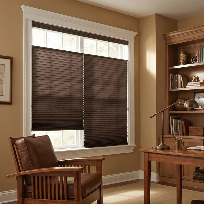Showcasing Warm Brown 3 8 Budget Single Cell Light Filtering Top Downbottom Up Shades in a cozy living space, creating a bright atmosphere with complete control over your view.