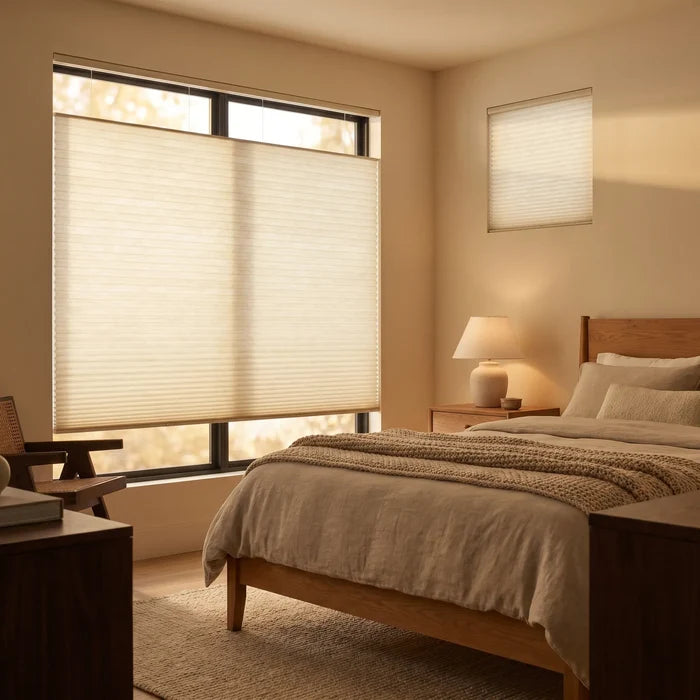 This modern bedroom is enhanced by White 3 8 Budget Single Cell Light Filtering Top Downbottom Up Shades, gently diffusing sunlight with flexible top-down/bottom-up control.