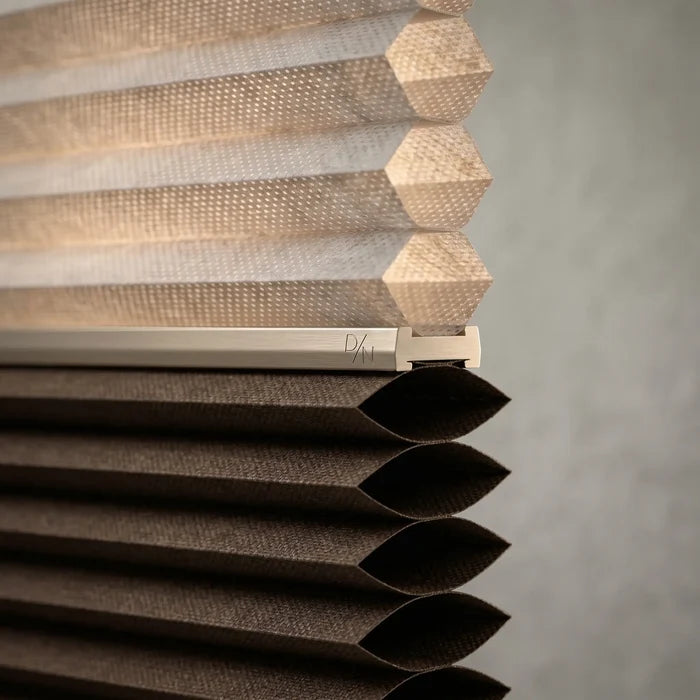 Showcasing Rich Brown 5 8 Daynight Single Cell Cellular Cordless Shades in a modern bedroom, adding a refined finishing touch to the interior.