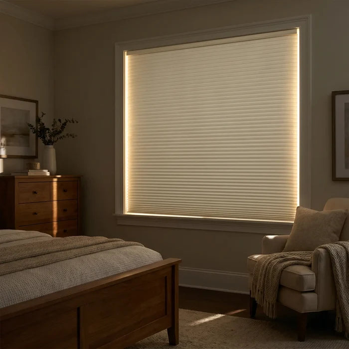 Upgrade your modern bedroom with Creamy White 1 2 Inch Budget Single Cell Blackout Cordless Shades, keeping the space completely shaded from harsh glare.