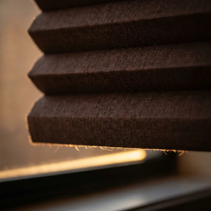 Beautiful Earthy Brown (Sticks & Stones) 9 16 Inch Classic Single Cell Blackout Cordless Shades providing a stylish touch to this warm living space, providing complete light blockage and privacy.