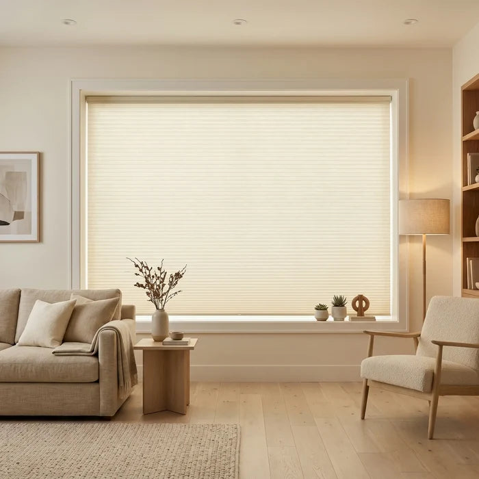 Beautiful Creamy White 9 16 Inch Classic Single Cell Blackout Cordless Shades providing a stylish touch to this inviting living space, eliminating unwanted sunlight for optimal sleep.