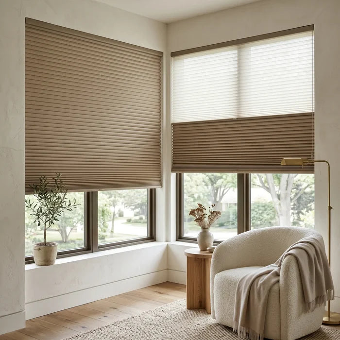 Showcasing Warm Brown (Warm Cocoa) 9 16 Classic Single Cell Daynight Cordless Shades in a warm living space, complementing the interior design perfectly.