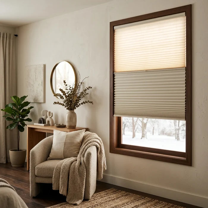 Styling a serene bedroom with Creamy White (Fawn) 9 16 Classic Single Cell Daynight Cordless Shades, providing a stylish and practical window treatment solution.