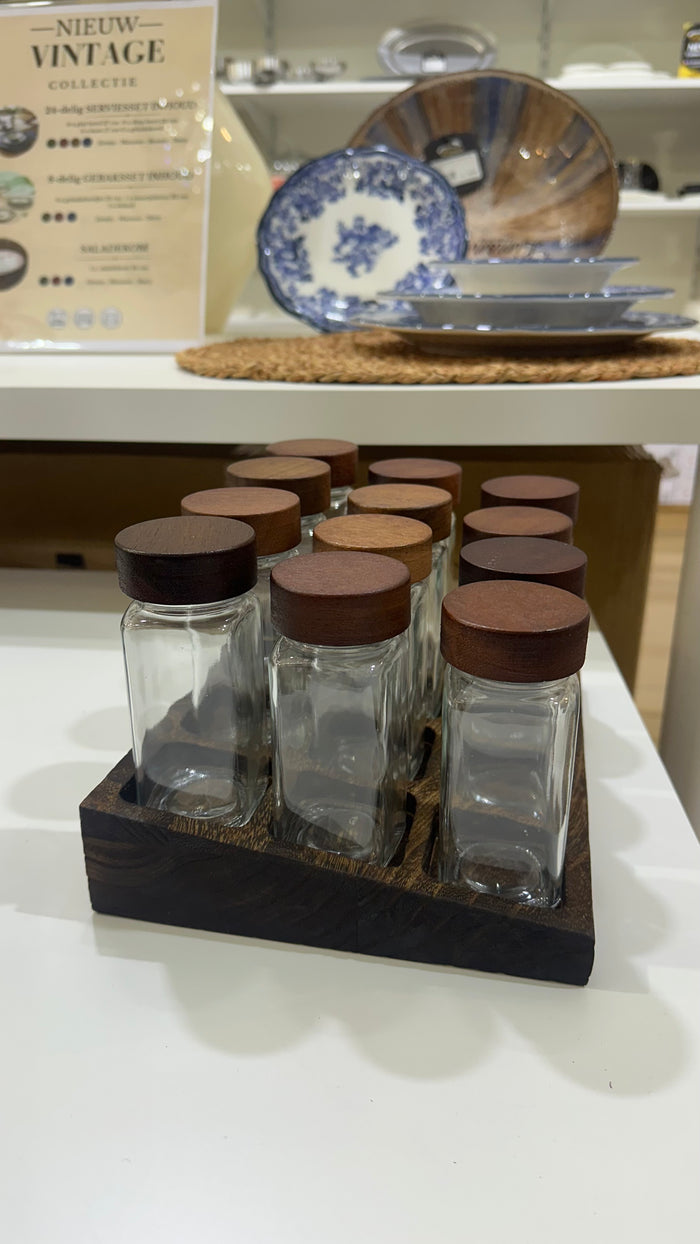 BVR acacia kruidenpotjes vierkant | incl. etiketten / Stand | 12 stuks