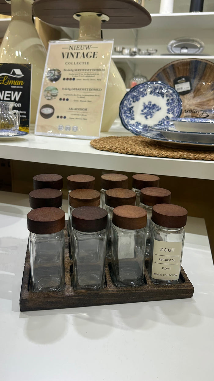 BVR acacia kruidenpotjes vierkant | incl. etiketten / Stand | 12 stuks