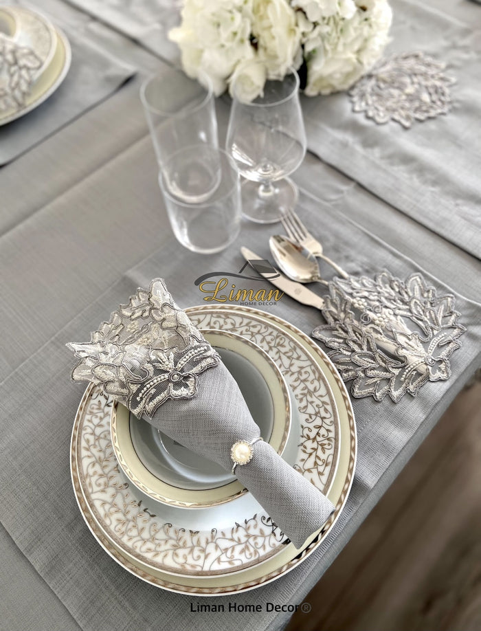 Liman Home Decor - Liman Online Cinar Tafelkleed Set Met Placemat Grijs 34 Dlg