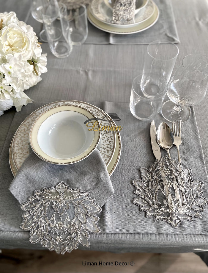 Liman Home Decor - Liman Online Cinar Tafelkleed Set Met Placemat Grijs 34 Dlg