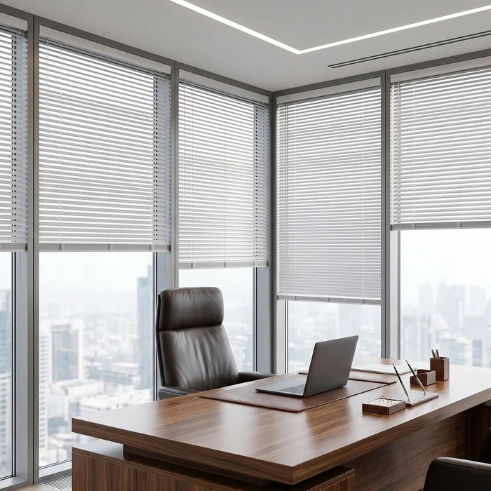 Custom window treatments: White (White Satin) Classic Cordless 6g Aluminum Mini Blinds shown in a cozy living room, offering lightweight yet sturdy window coverage.