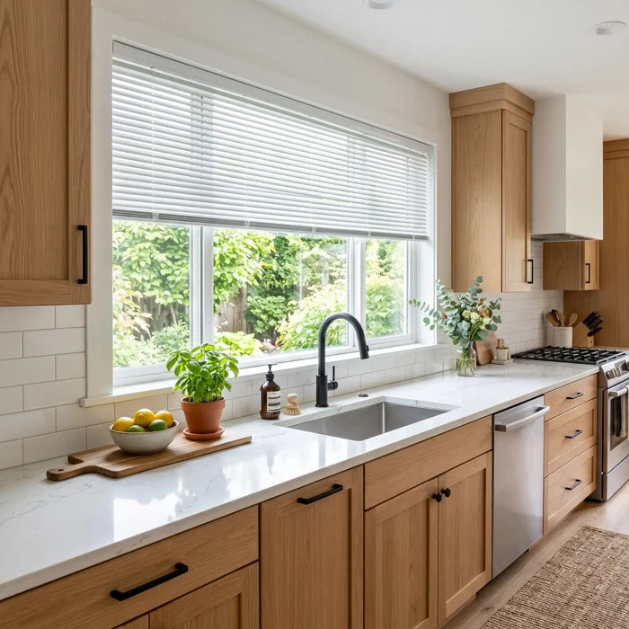 This cozy study is equipped with White Classic Cordless 6g Aluminum Mini Blinds, ensuring a clean, cordless aesthetic and enhanced child safety.