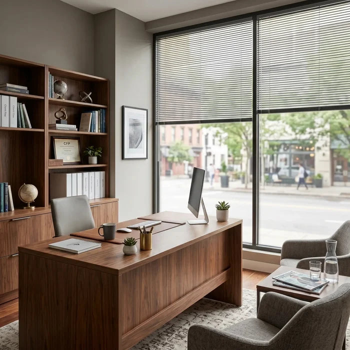 A look at Dark Classic Cordless 6g Aluminum Mini Blinds inside a elegant office, delivering durable privacy with a modern metallic profile.