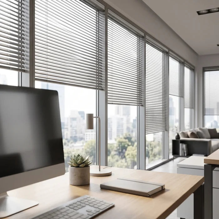 Interior view of a modern workspace styled with White Classic Cordless 6g Aluminum Mini Blinds, combining practical glare reduction with a minimalist design.