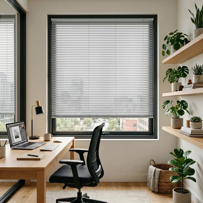 Custom window treatments: Blackwhite (Textured Aluminum) Classic Cordless 6g Aluminum Mini Blinds shown in a cozy study, perfect for high-traffic areas requiring durable light management.