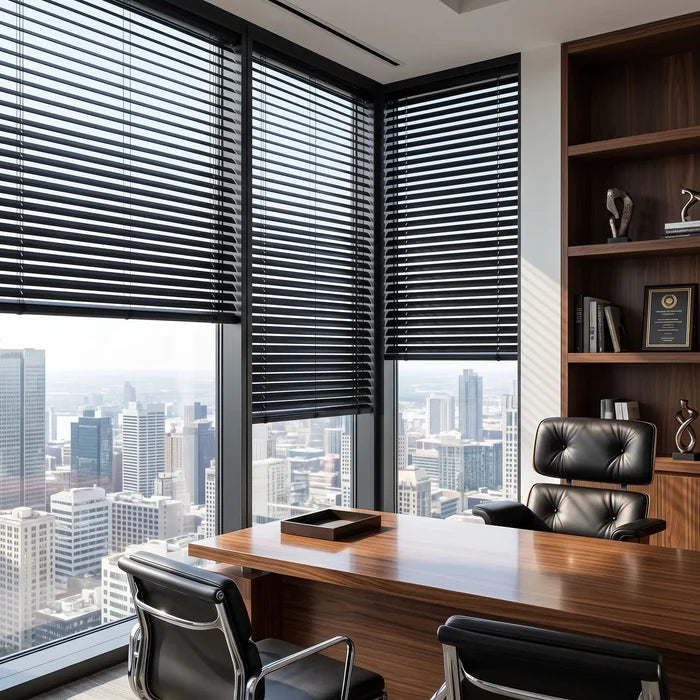 Custom window treatments: Black Classic Cordless 6g Aluminum Mini Blinds shown in a modern office, offering a sleek, moisture-resistant window treatment.