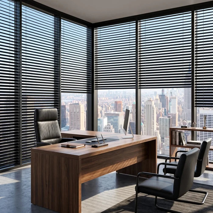 Wide view of Black Classic Cordless 8g Aluminum Mini Blinds complementing a sleek living room, filtering incoming daylight efficiently across the space.