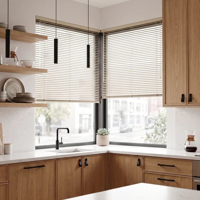 Wide view of White Classic Cordless 8g Aluminum Mini Blinds complementing a cozy living room, ensuring a clean, cordless aesthetic and enhanced child safety.