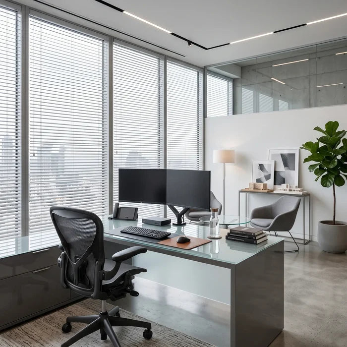 Custom window treatments: White Classic Cordless 8g Aluminum Mini Blinds shown in a cozy retreat, perfect for high-traffic areas requiring durable light management.