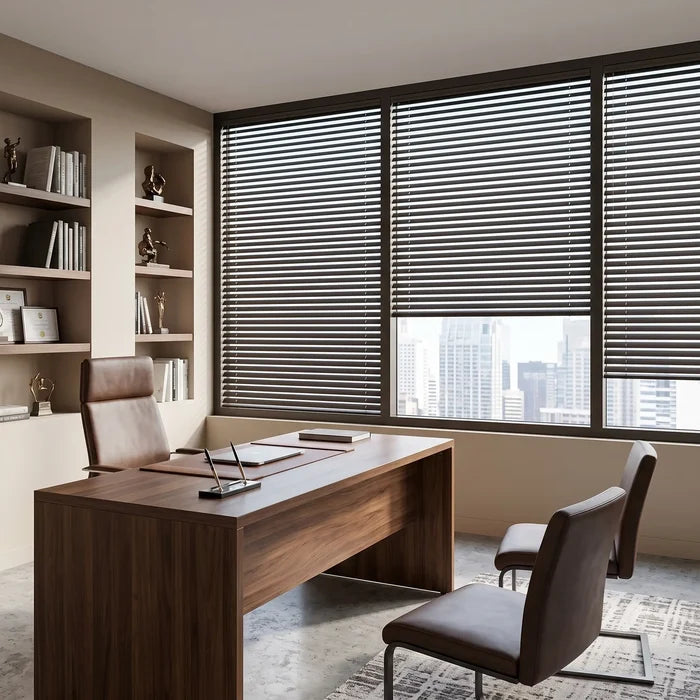 A look at Brown Classic Cordless 8g Aluminum Mini Blinds inside a cozy study, providing precise light control with adjustable aluminum slats.