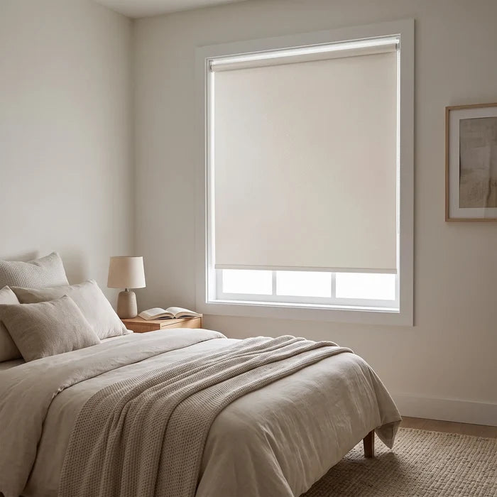 Beige Classic Blackout Vinyl Roller Shade on a cozy bedroom window beside a nightstand lamp