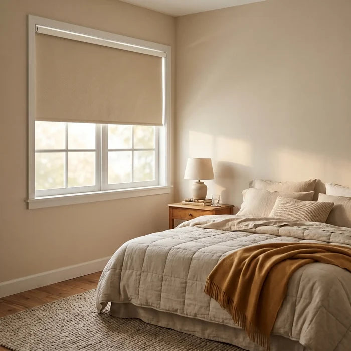 Beige Classic Blackout Vinyl Roller Shade glowing with warm sunlight in a cozy bedroom corner