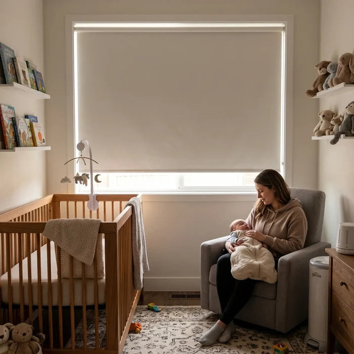 Gray Classic Blackout Vinyl Roller Shade blocking light in a nursery while a mother holds her baby