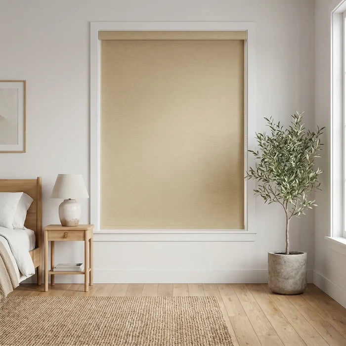 Classic Fabric Blackout Roller Shades in beige harmonize with modern minimalism, perfect for serene bedrooms and offices.