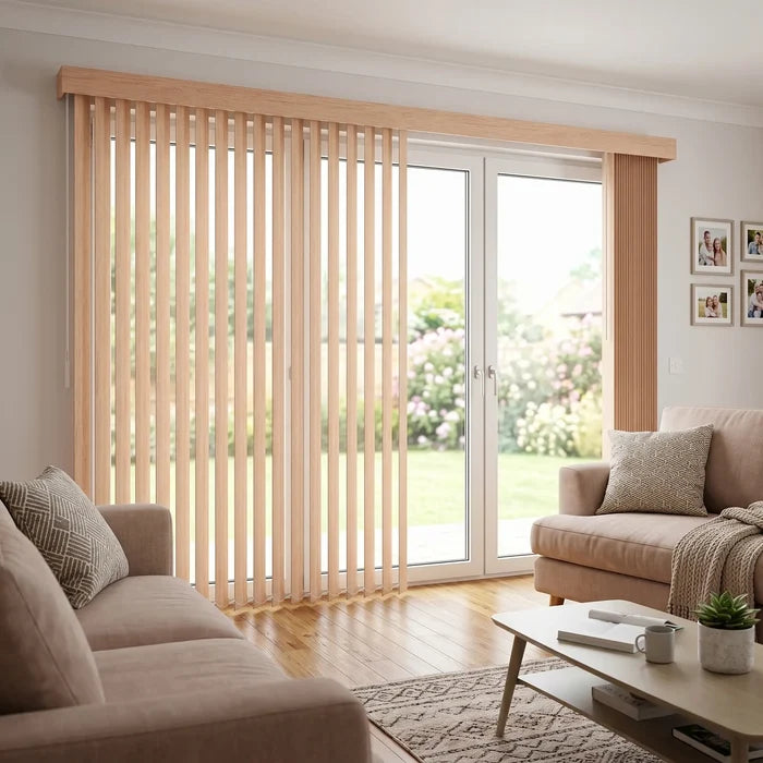 Warm, rich Brown Wood Grain Faux Wood PVC Vertical Blinds filter sunlight while sliding glass doors open onto a serene outdoor patio with wooden deck and lush potted plants.