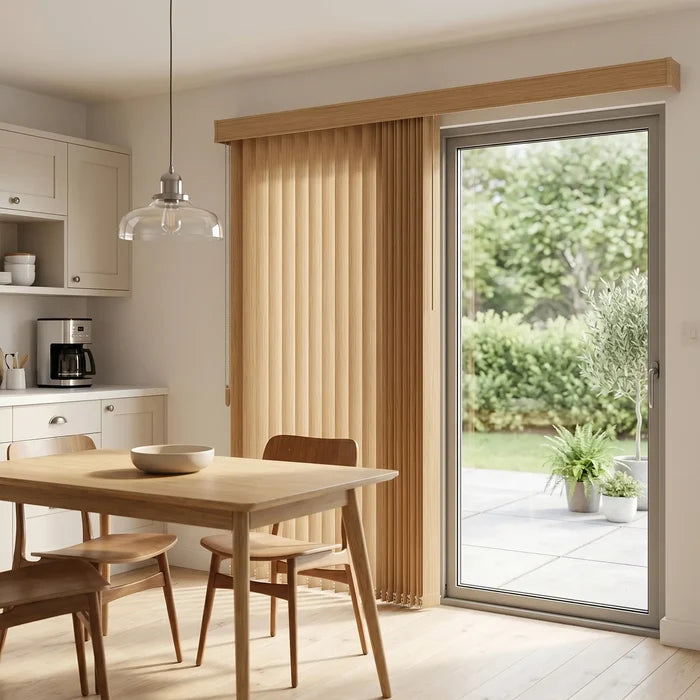 Wood Grain Faux Wood PVC Vertical Blinds in Earthly Brown subtly define the outdoor-inspired living space, complementing the wooden blinds on the sliding glass door