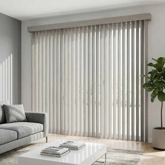 Wood Grain Faux Wood PVC Vertical Blinds in crisp White harmonize with gray tones, perfect for modern living rooms or offices.