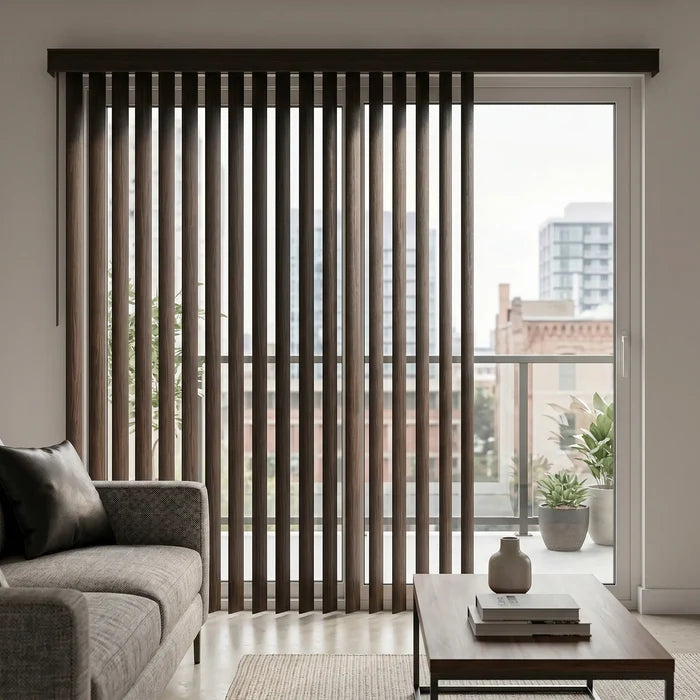 Wood Grain Faux Wood PVC Vertical Blinds expertly filter natural light into this inviting room, where plush sofas and rich rugs create a warm atmosphere