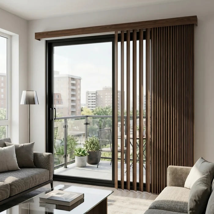 Wood Grain Faux Wood PVC Vertical Blinds in Taupe seamlessly integrate with modern living room's gray furniture and white walls, softly filtering natural light.