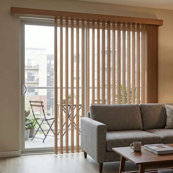 Wood Grain Faux Wood PVC Vertical Blinds beautifully frame the sliding glass door, blending with the earthy tones of the outdoor patio's grassy terrain.