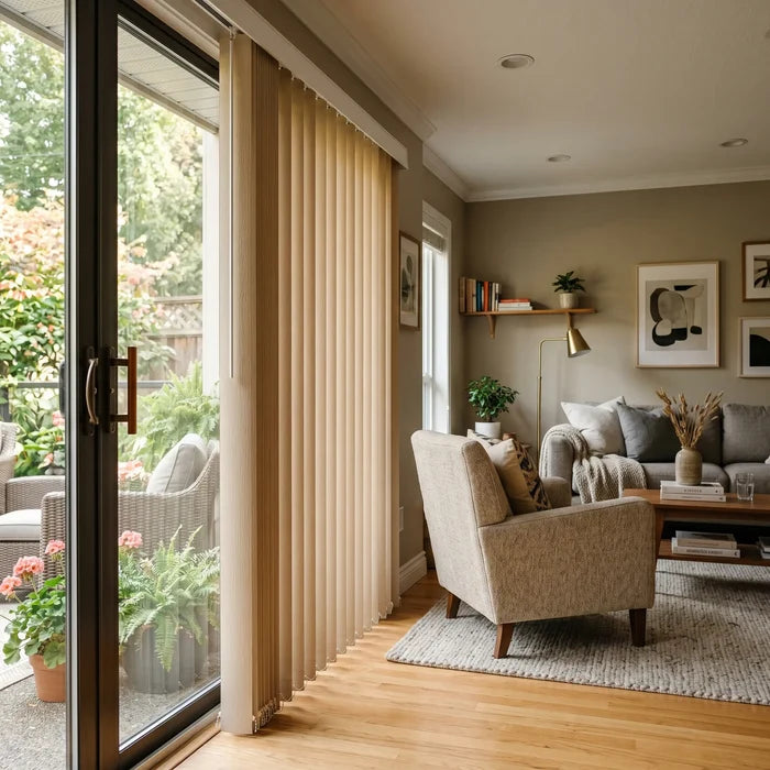 Wood Grain Faux Wood PVC Vertical Blinds expertly filter the warm beige light, harmonizing with the gray couch and lush potted plants in this inviting indoor-outdoor haven.