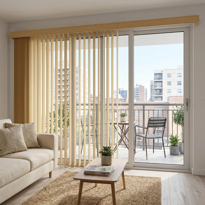 Wood Grain Faux Wood PVC Vertical Blinds harmonize with creamy tones in this inviting room, featuring a beige sofa and lush potted plants.