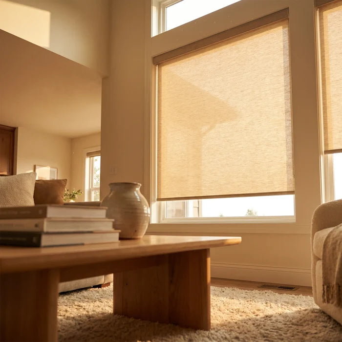 Contemporary Fabric Light Filtering Roller Shades in Warm Brown filter natural light, adding coziness to this modern living room with clean lines and a focus on reading