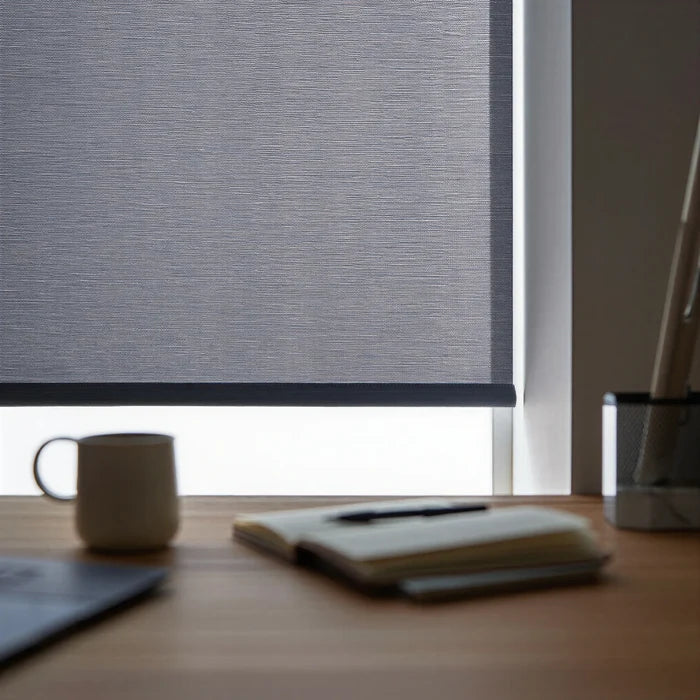 Add contemporary flair with Contemporary Fabric Light Filtering Roller Shades' charcoal gray patterned fabric, perfect for home offices or creative spaces.