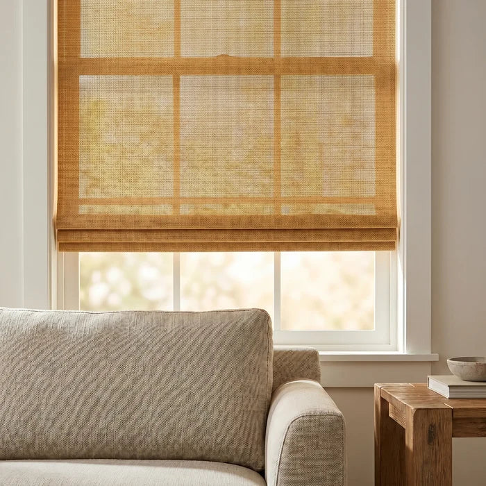 Introducing Cordless Woven Wood Shades in Brown, perfectly balancing warmth and natural light in this inviting living room with plush sectional sofa