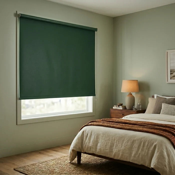 Economy Basic Vinyl Blackout Roller Shades for a serene bedroom ambiance, featuring green accents and 0.13 thickness.
