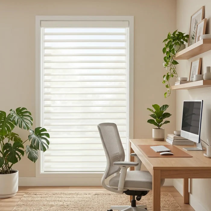 Lumi light diffusing sheer shades elegnatly illuminating a home office with a clean light beige tone