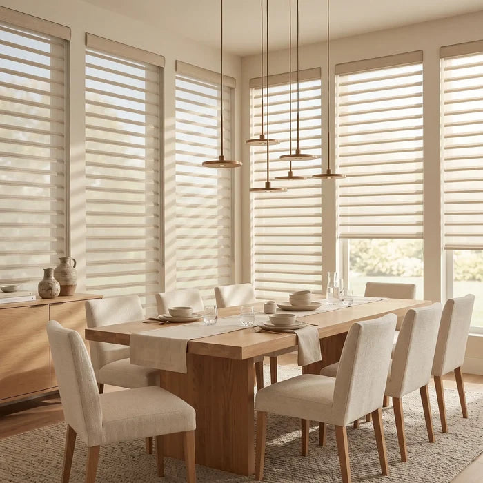 Ivory lumi light diffusing sheer shades illuminating a wide kitchen dining area.