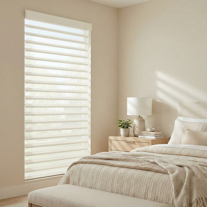 Light diffusing sheer shades elegantly scattering light in a clean natural toned bedroom.