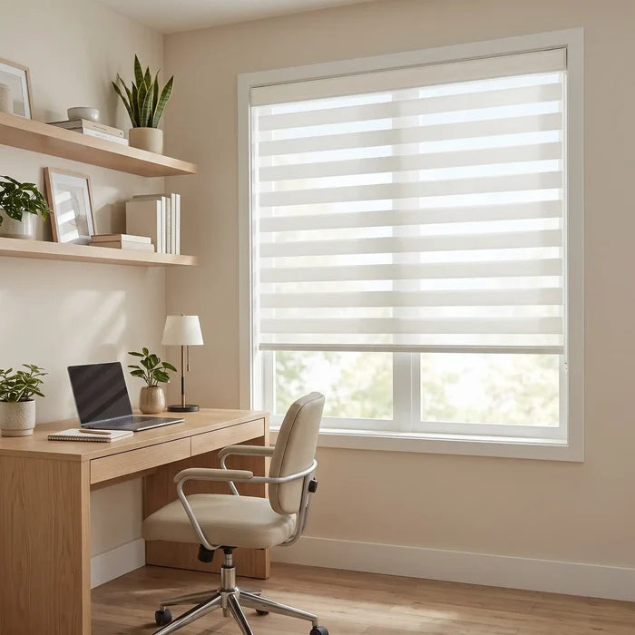 Home office with a desk, chair, laptop, and window with white lumi light dimming sheer shades elegantly diffusing light